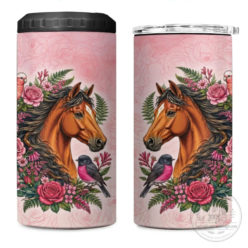 Horse and Pink Rose Wreath Can Cooler Tumbler with Galah Cockatoo and Pink Robin