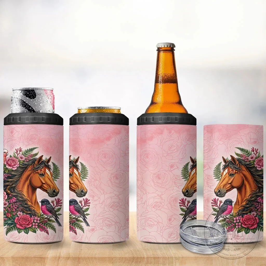 Horse and Pink Rose Wreath Can Cooler Tumbler with Galah Cockatoo and Pink Robin 8 Horse and Pink Rose Wreath Can Cooler Tumbler with Galah Cockatoo and Pink Robin