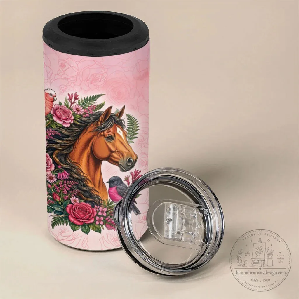 Horse and Pink Rose Wreath Can Cooler Tumbler with Galah Cockatoo and Pink Robin 9 Horse and Pink Rose Wreath Can Cooler Tumbler with Galah Cockatoo and Pink Robin