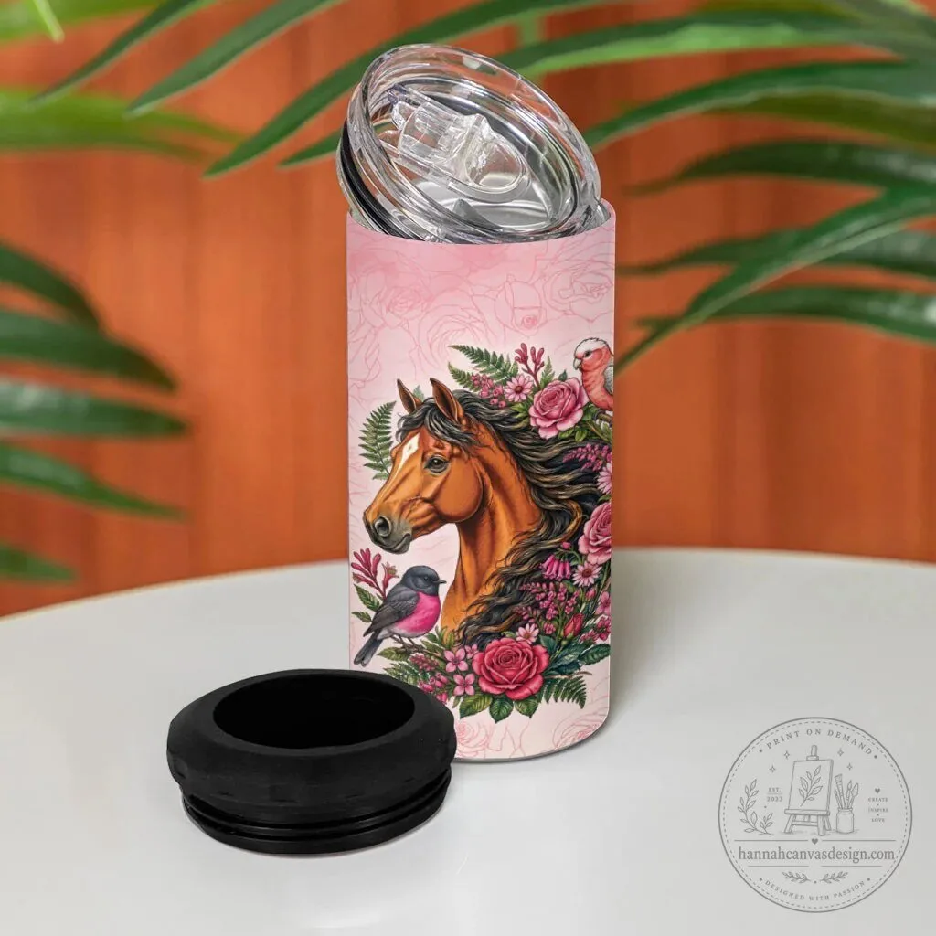 Horse and Pink Rose Wreath Can Cooler Tumbler with Galah Cockatoo and Pink Robin 10 Horse and Pink Rose Wreath Can Cooler Tumbler with Galah Cockatoo and Pink Robin