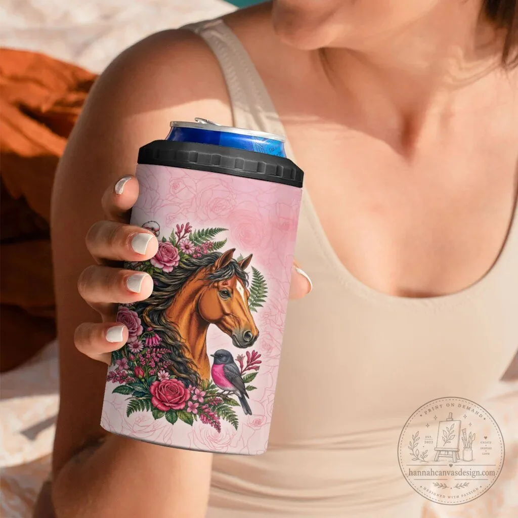 Horse and Pink Rose Wreath Can Cooler Tumbler with Galah Cockatoo and Pink Robin 11 Horse and Pink Rose Wreath Can Cooler Tumbler with Galah Cockatoo and Pink Robin