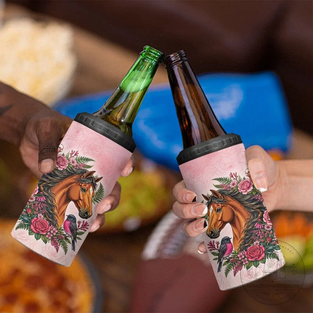 Horse and Pink Rose Wreath Can Cooler Tumbler with Galah Cockatoo and Pink Robin 12 Horse and Pink Rose Wreath Can Cooler Tumbler with Galah Cockatoo and Pink Robin