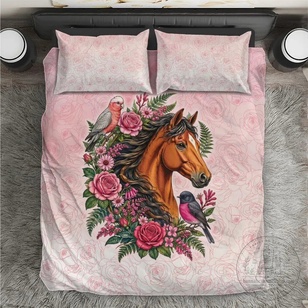 Pink Horse Floral Wreath Bedding Set with Galah and Pink Robin Birds