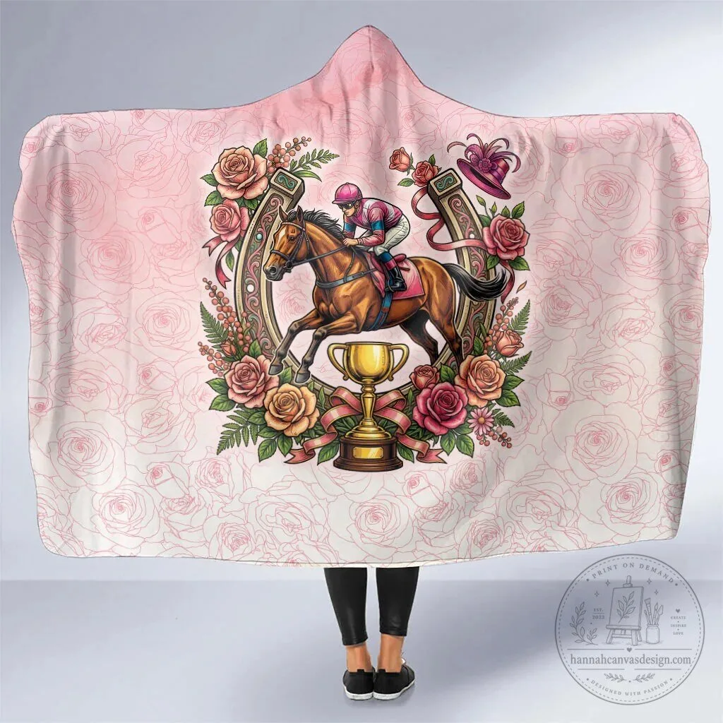 Melbourne Horse Race Hooded Blanket with Pink Rose Floral Horseshoe Design