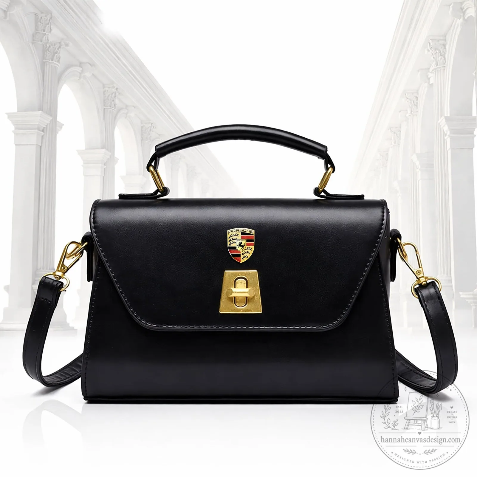 Porsche Classic Black Leather Crossbody Shoulder Bag with Gold Hardware