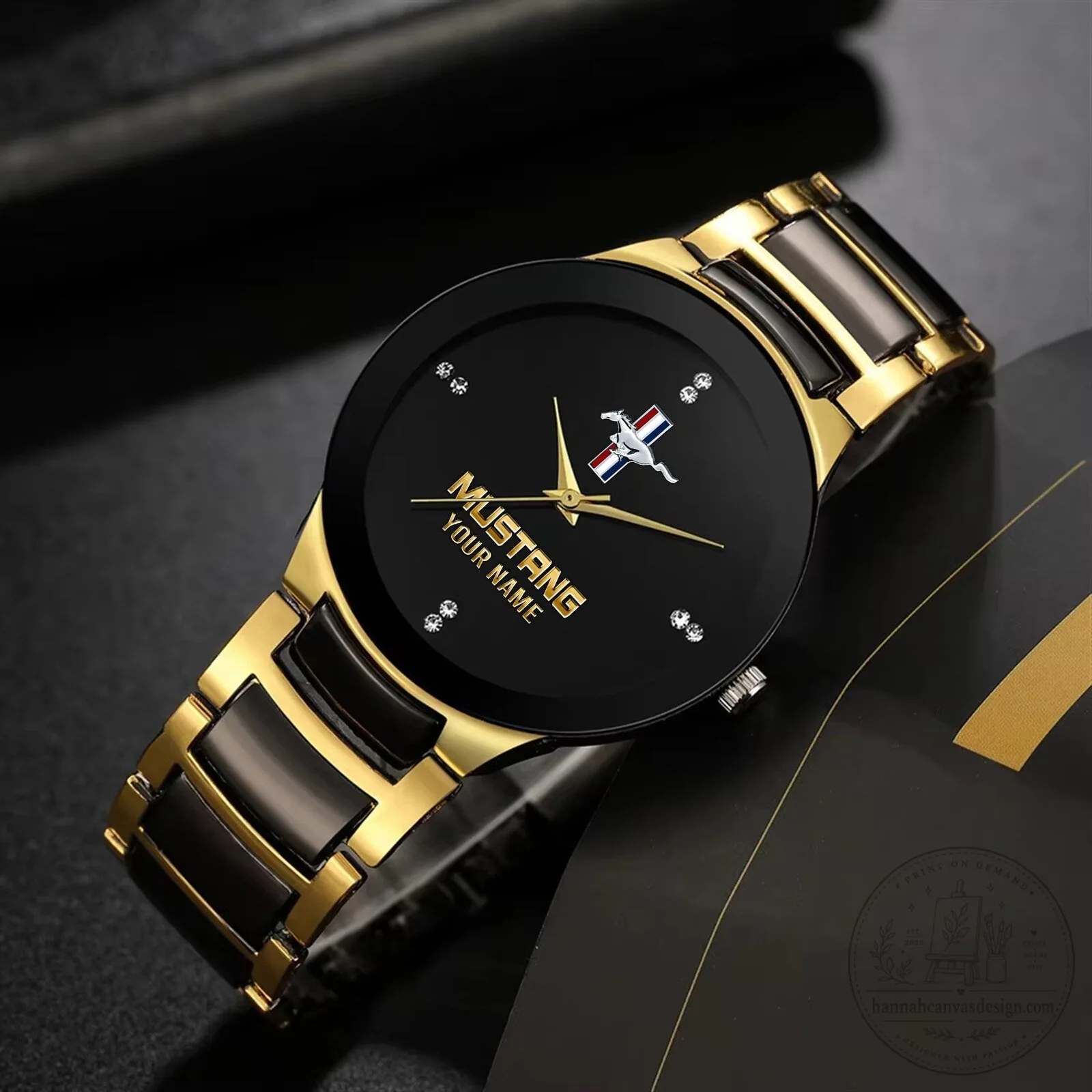 Ford Mustang Personalized Quartz Watch with Gold and Black Band