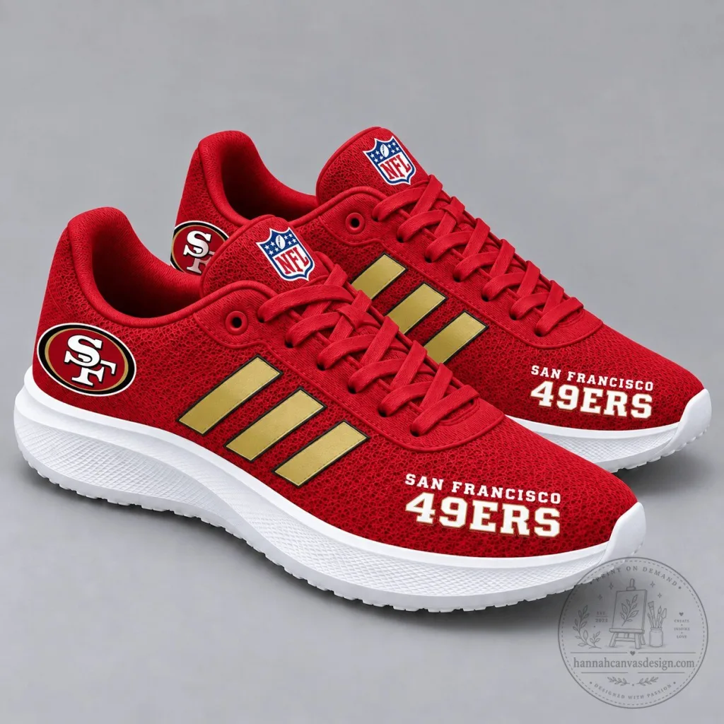 San Francisco 49ers NFL Team Logo Red and Gold Stripe Sport Shoes San Francisco 49ers NFL Team Logo Red and Gold Stripe Sport Shoes