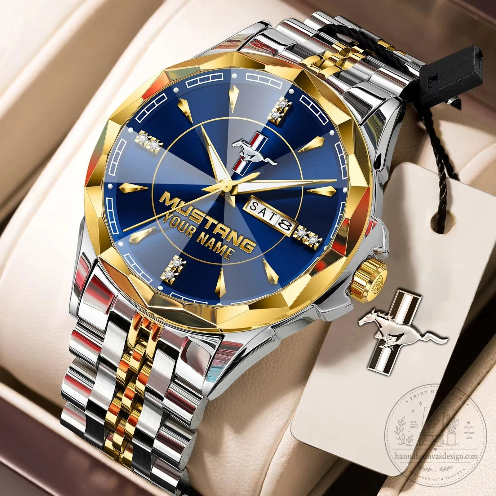 Ford Mustang Custom Name Elegant Blue Dial Two Tone Stainless Steel Watch