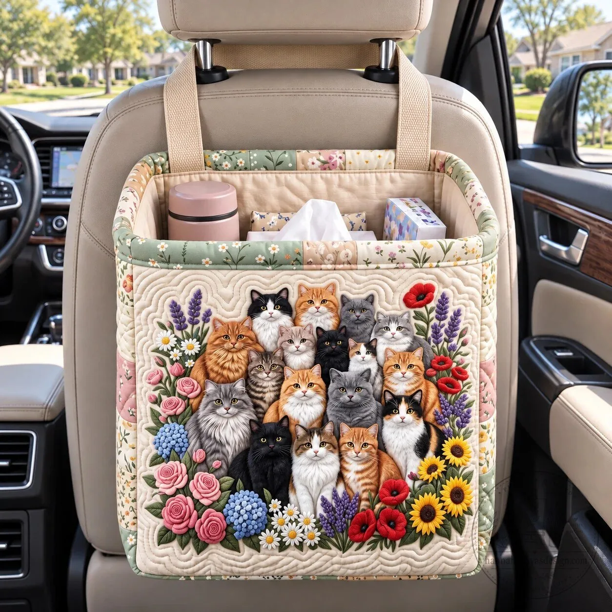 Floral Cat Bouquet Quilted Car Seat Back Organizer Basket