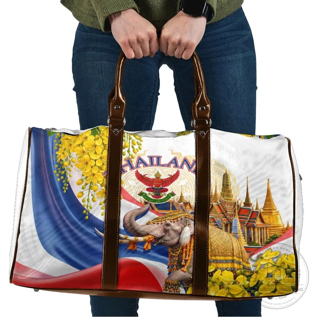Thailand Flag Golden Elephant Temple Travel Bag with Ratchaphruek Flowers