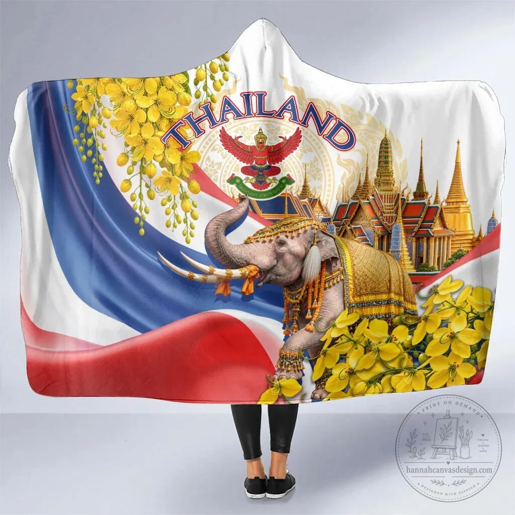 Thailand Flag Golden Elephant Temple Hooded Blanket