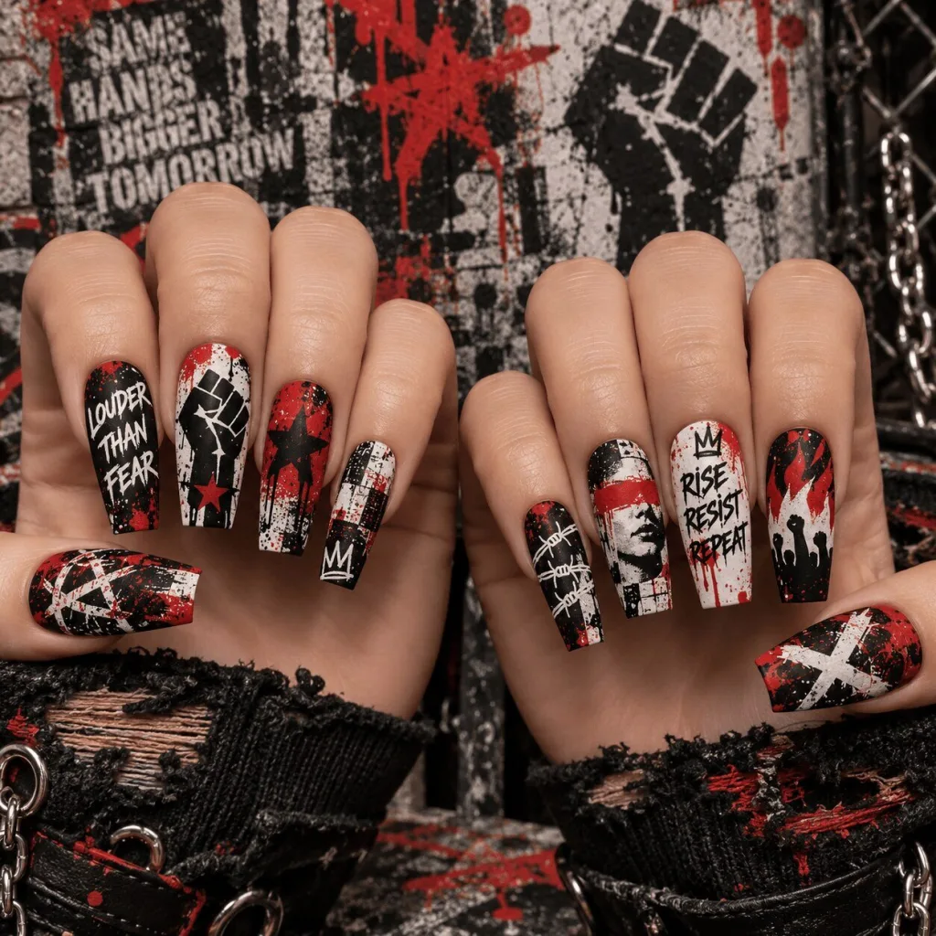 Rebellious Graffiti Rock Press-On Nails Set by Rage Against the Machine Rebellious Graffiti Rock Press-On Nails Set by Rage Against the Machine