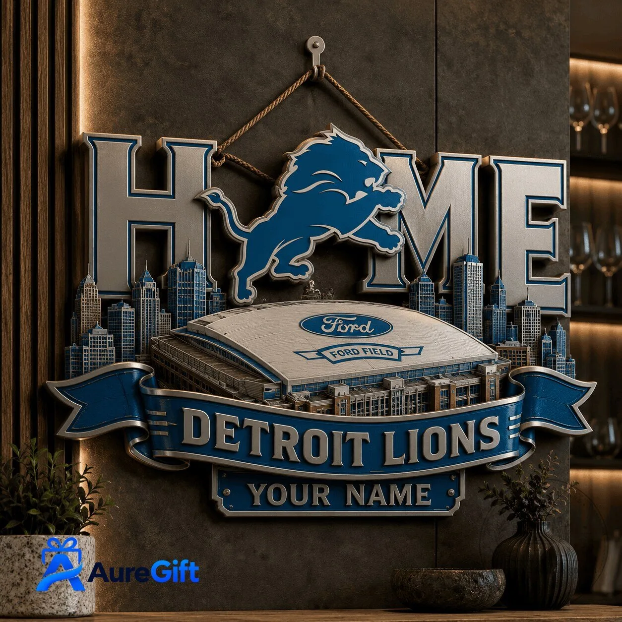 Detroit Lions Ford Field Home Personalized Metal Wall Art Sign