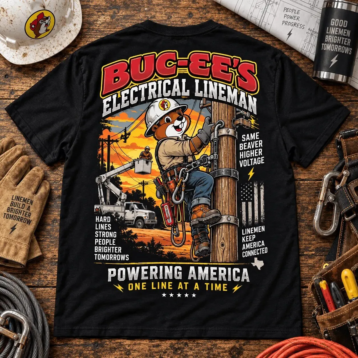 Buc-ee's Electrical Lineman Powering America One Line At A Time T-Shirt 8 buc ee s electrical lineman powering america one line at a time t shirt gallery 3
