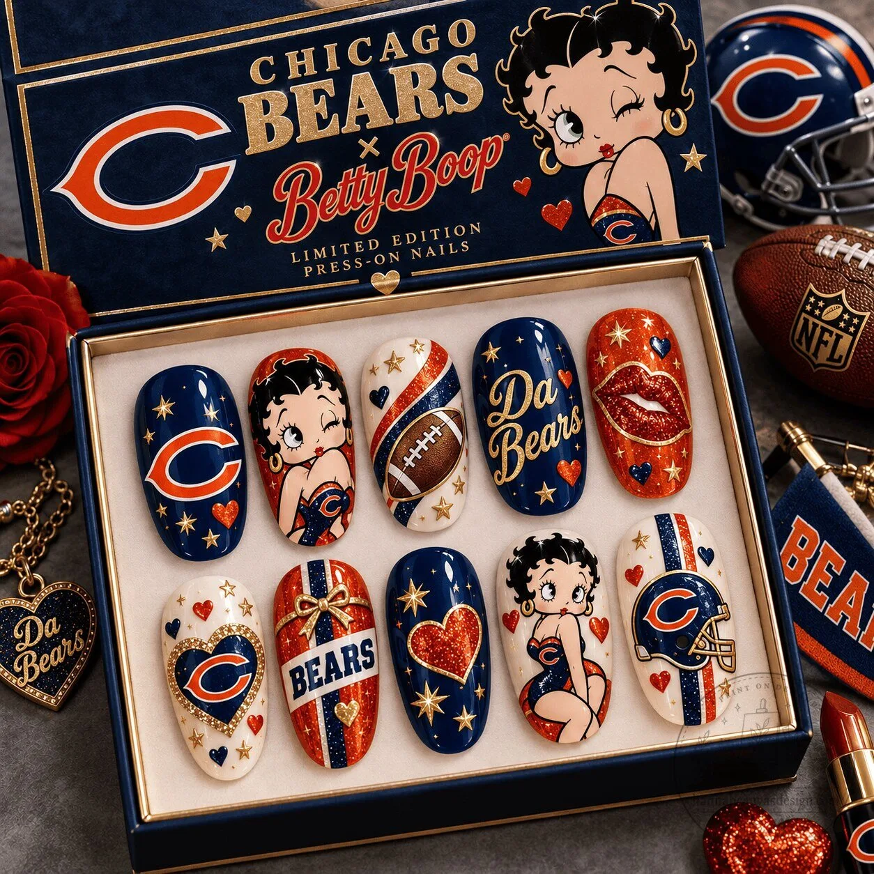 Chicago Bears Betty Boop Glamorous Football Fan Press-On Nails Set