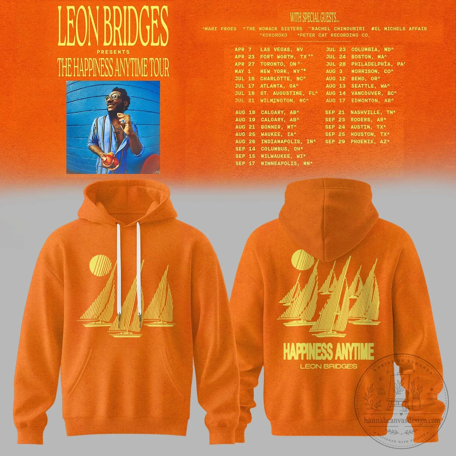 Leon Bridges The Happiness Anytime Tour 2027 Concert Dates Orange Hoodie