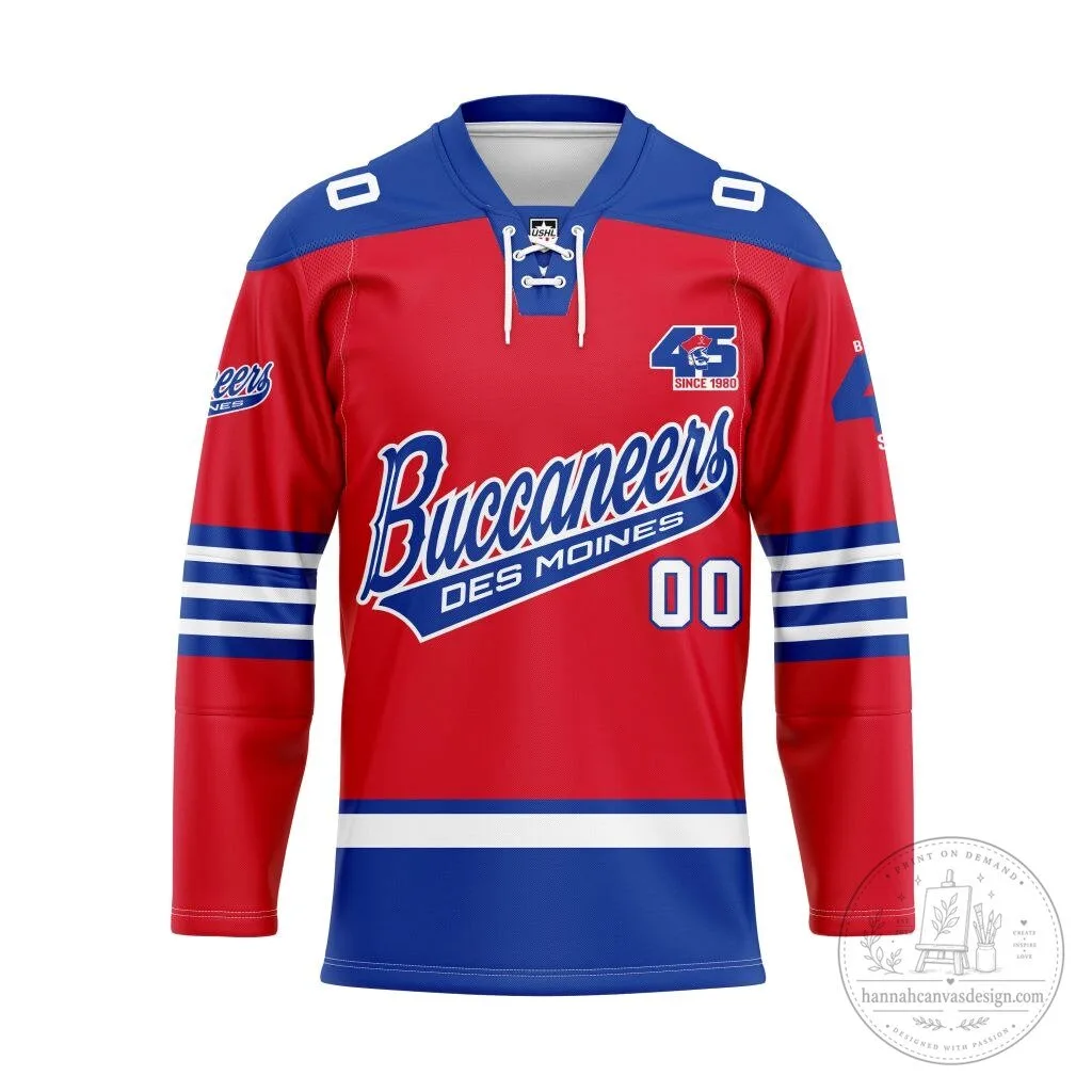 Des Moines Buccaneers Personalized Red Blue Lace Hockey Jersey
