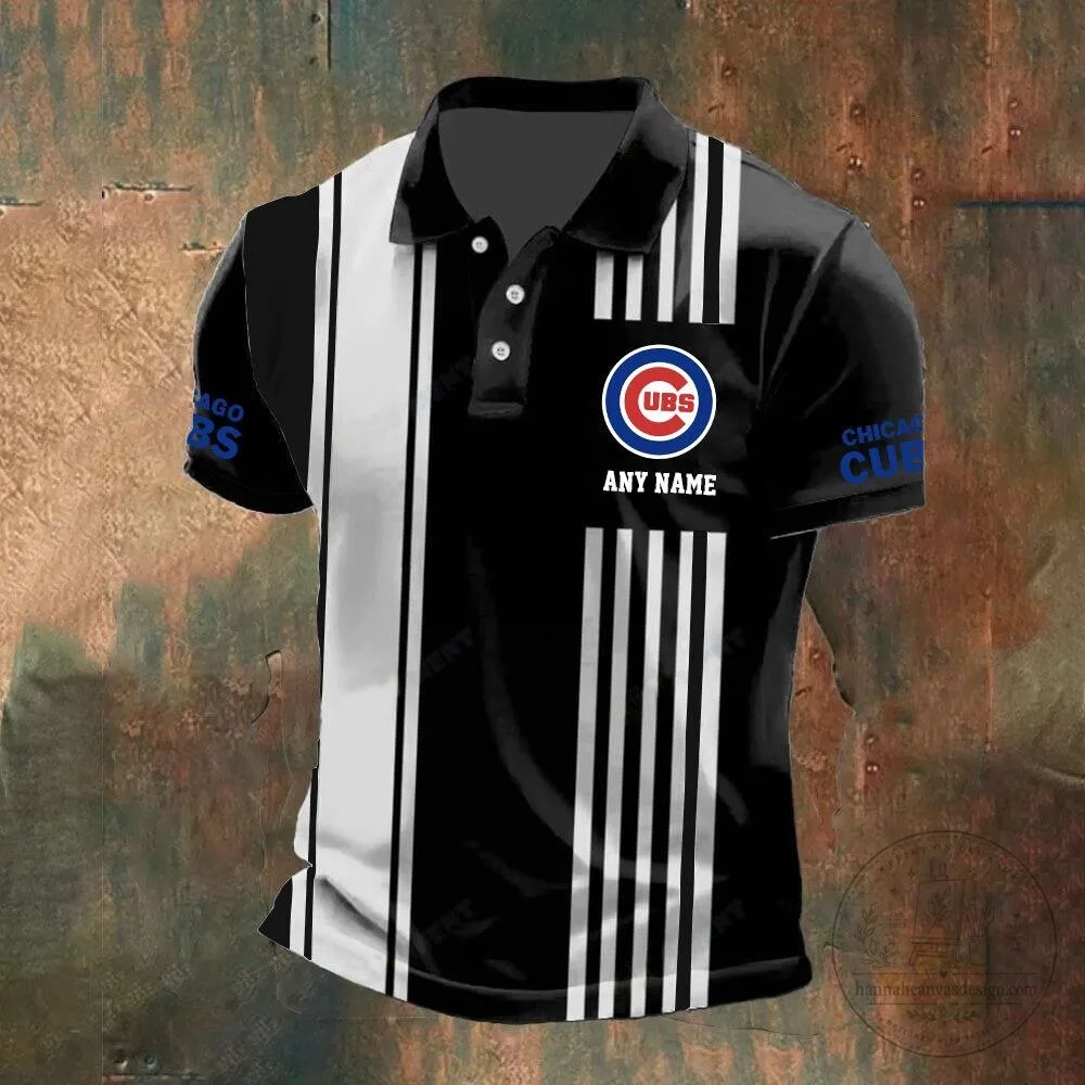 Chicago Cubs Personalized Black and White Striped Polo Shirt