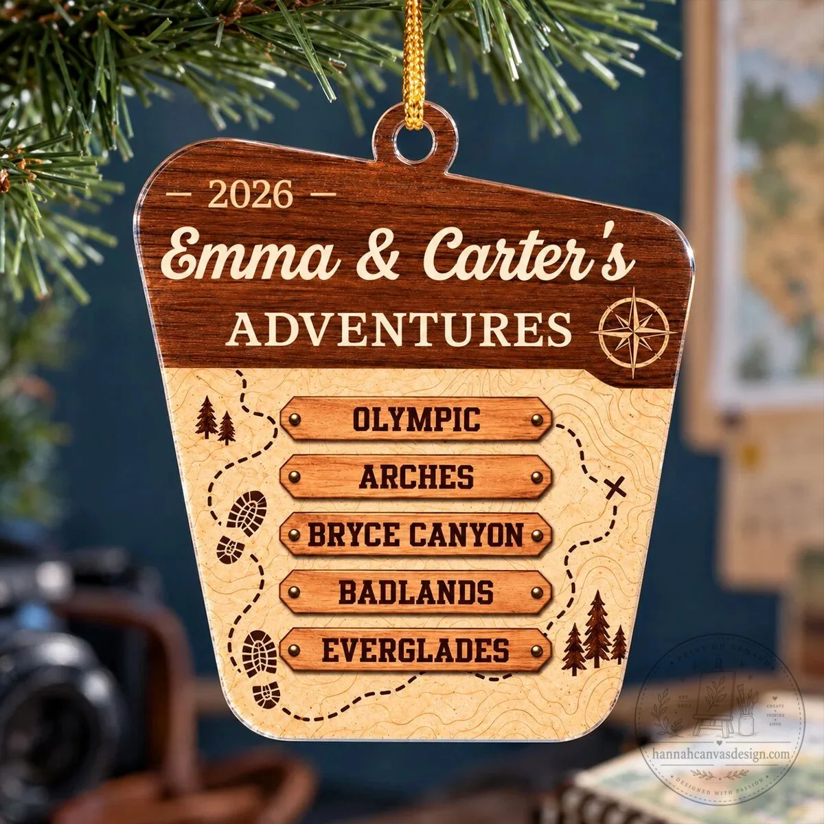 Personalized National Park Adventures Acrylic Christmas Ornament