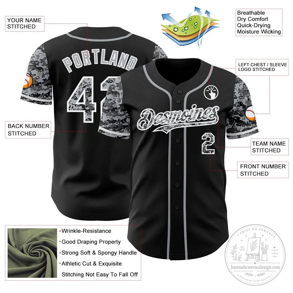 Authentic Baseball Jersey in Custom Two Tone Black, Gray, and White Digital Camouflage 7 Authentic Baseball Jersey in Custom Two Tone Black, Gray, and White Digital Camouflage