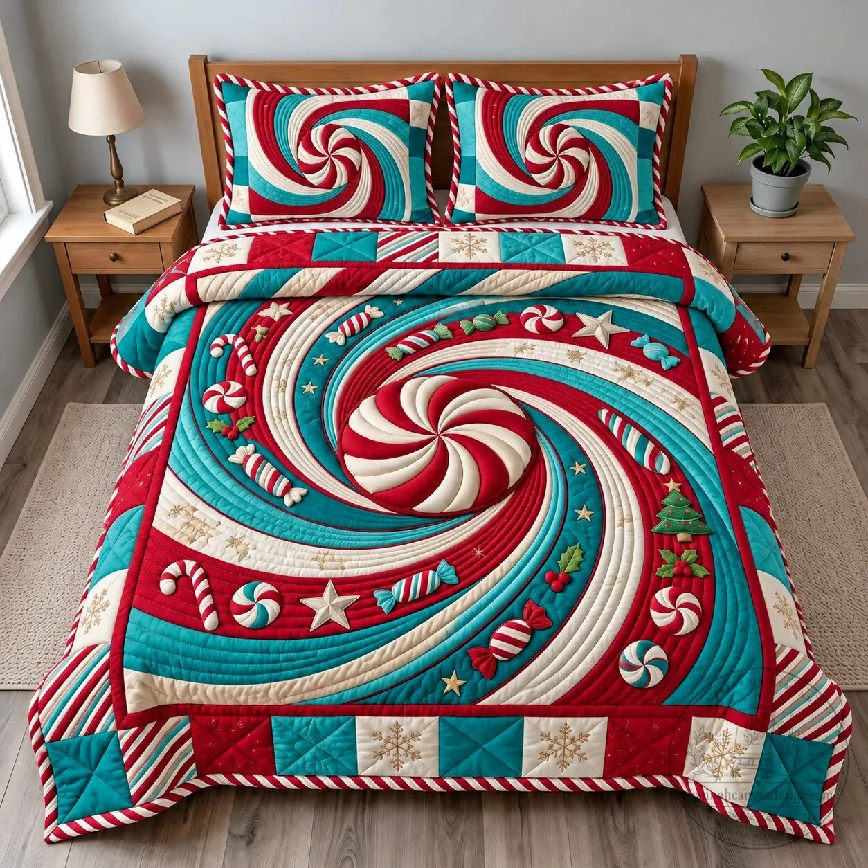 Peppermint Candy Cane Swirl Christmas Holiday Quilted Bedding Set