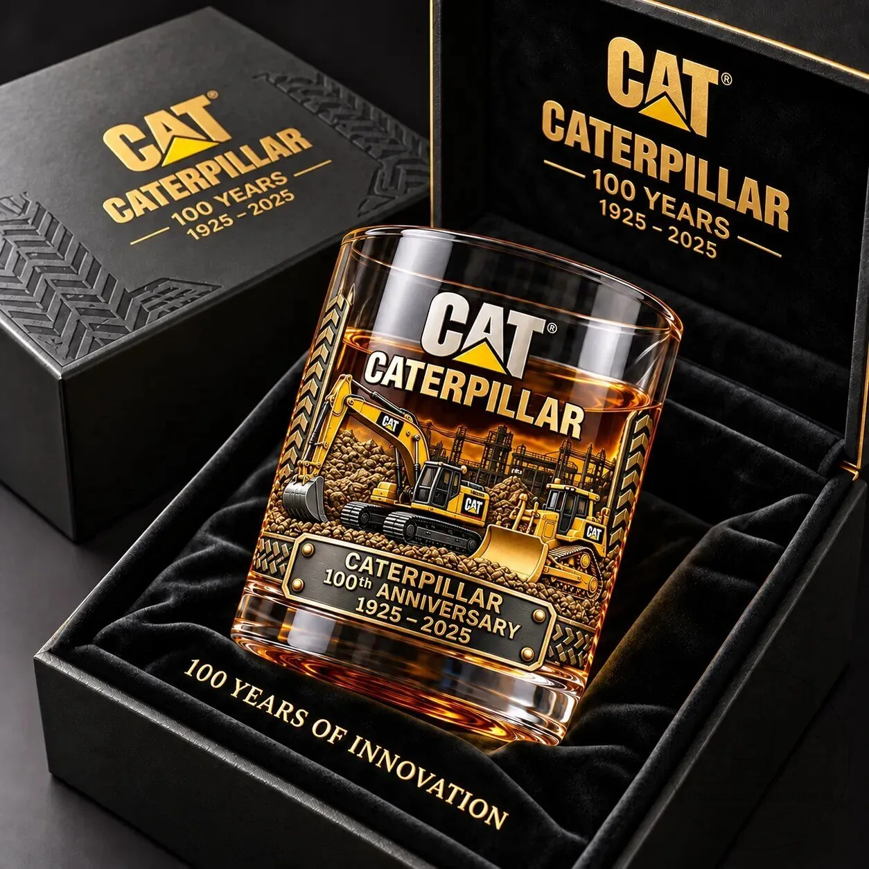 Caterpillar 100th Anniversary Whiskey Glass - 1925-2025 Commemorative Drinking Glass
