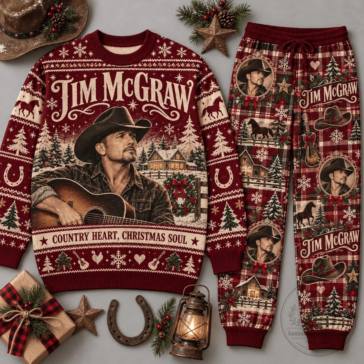 Tim McGraw Country Heart Christmas Soul Portrait Holiday Sweater and Pants Pajamas Set
