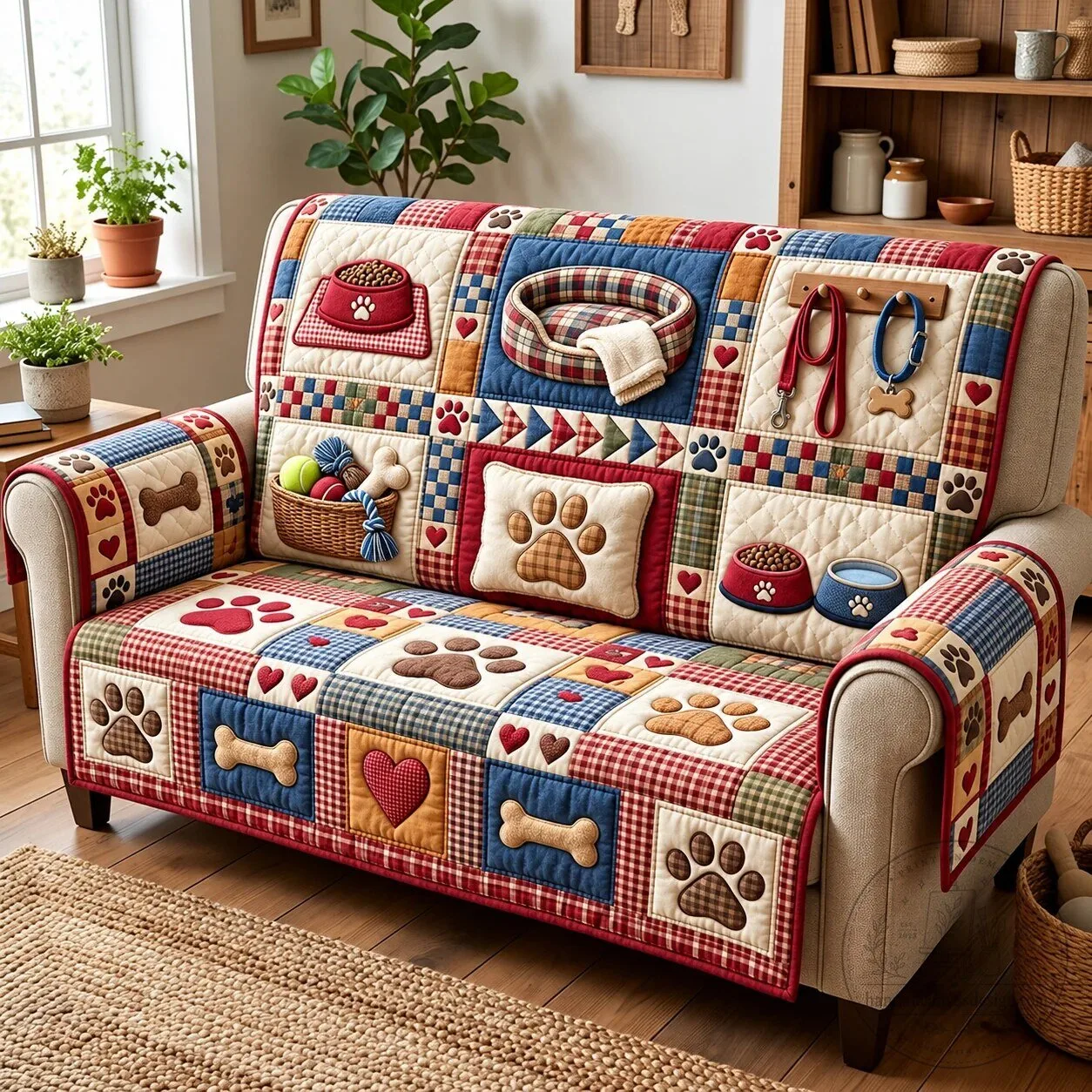 Pet Lover Quilted Sofa Cover with Dog Paw and Bone Patchwork Design