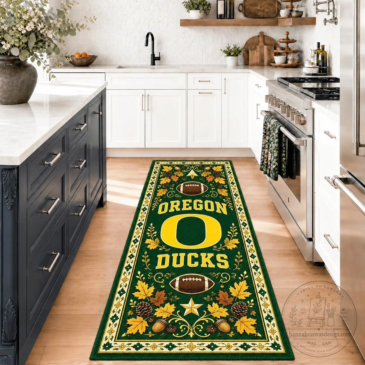Oregon Ducks Football Team Kitchen Runner Rug with Fall Acorn and Leaf Design