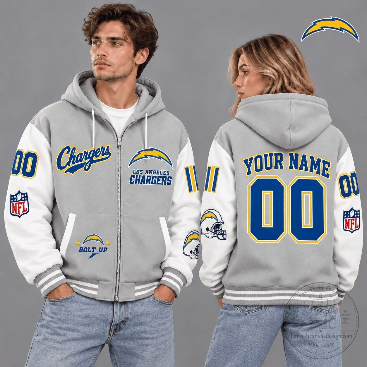 Los Angeles Chargers NFL Vintage Varsity Gray Custom Name Number Zip Hoodie