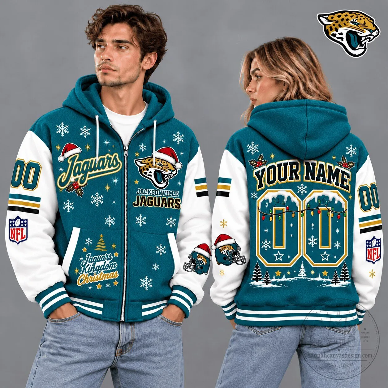Jacksonville Jaguars Christmas Snowflake Custom Name Number Full-Zip Hoodie