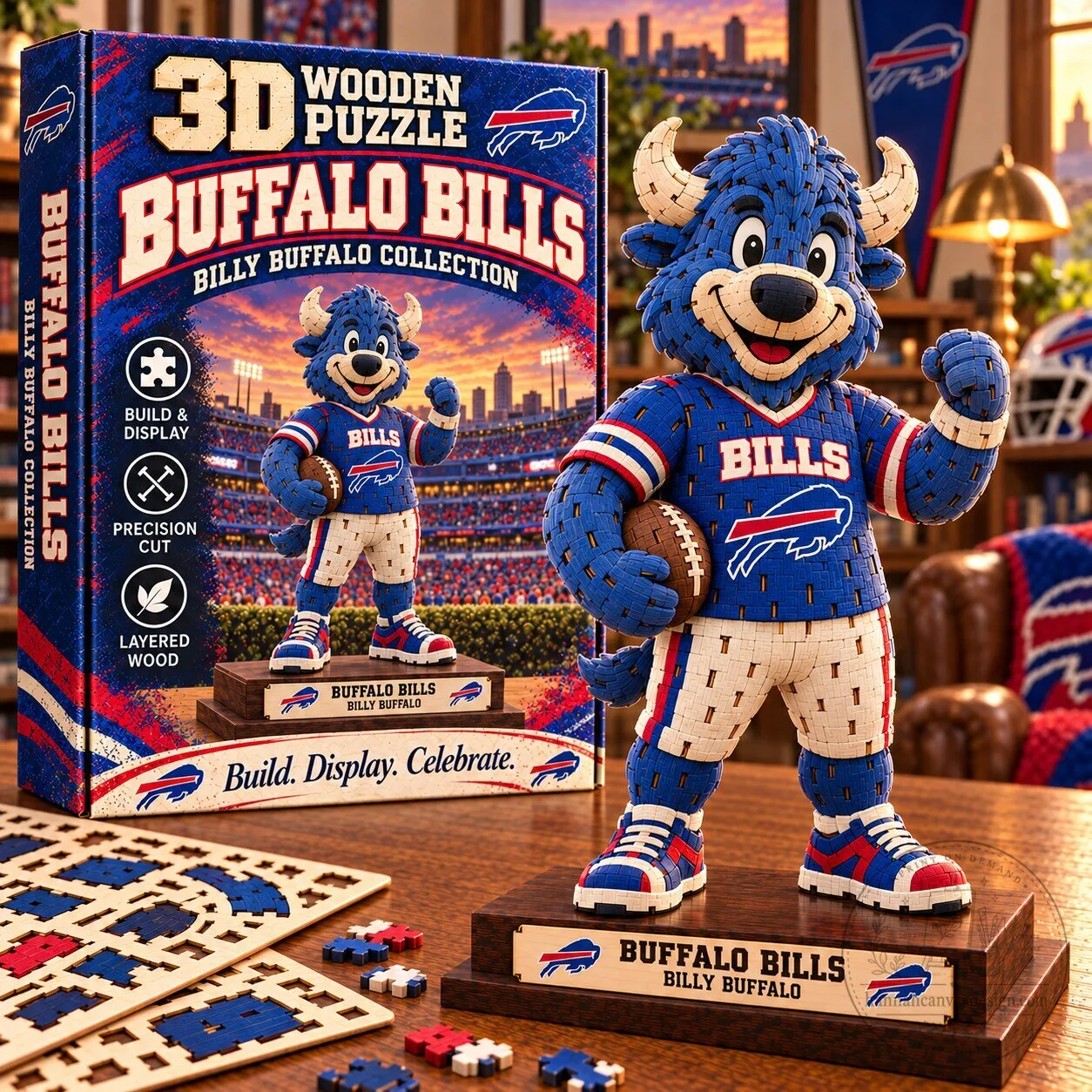 Buffalo Bills Billy Buffalo Mascot 3D Wooden Puzzle Collectible Figurine
