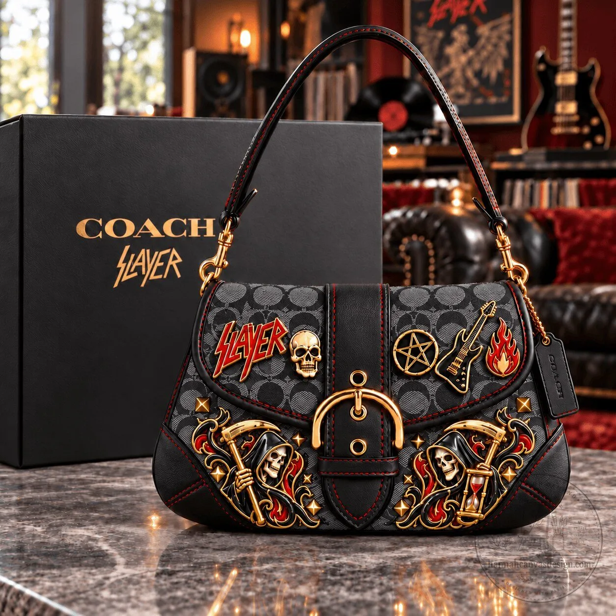 Slayer Coach Signature Black Shoulder Bag with Gold Hardware and Metal Embellishments