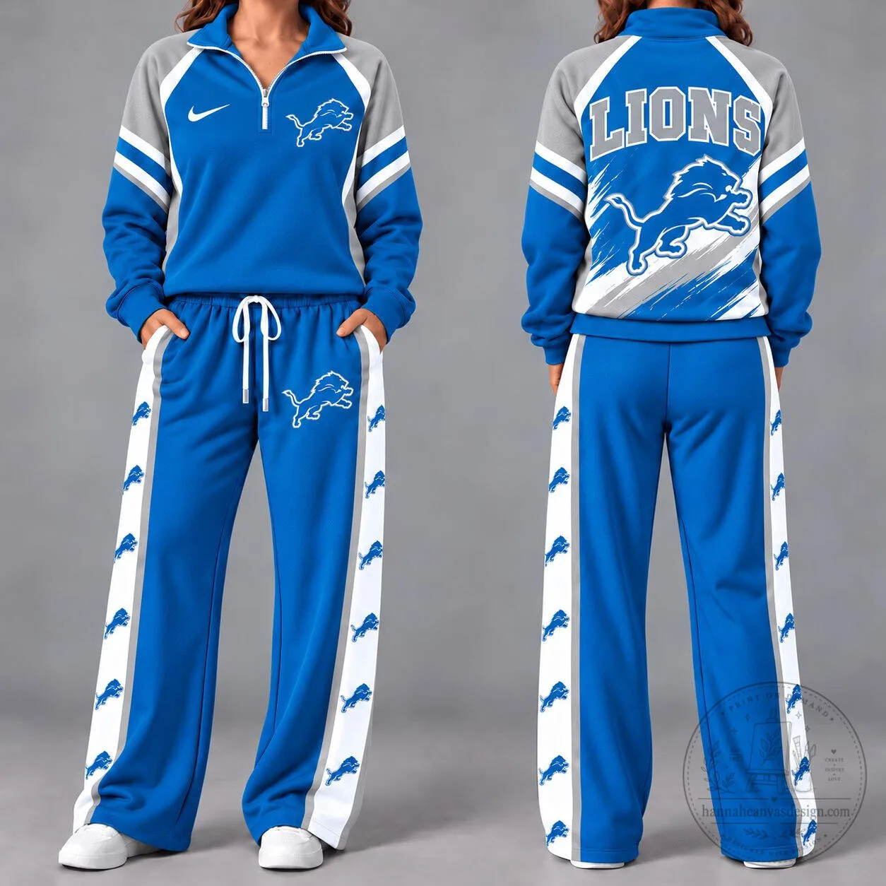 Detroit Lions Women's Blue and Gray Quarter-Zip Pullover Hoodie