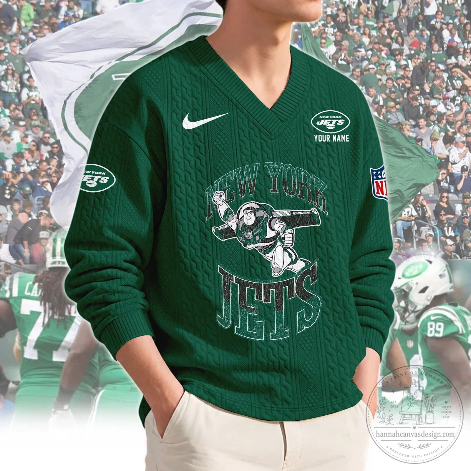 New York Jets Buzz Lightyear Disney Pixar Toy Story Cable Knit Sweater