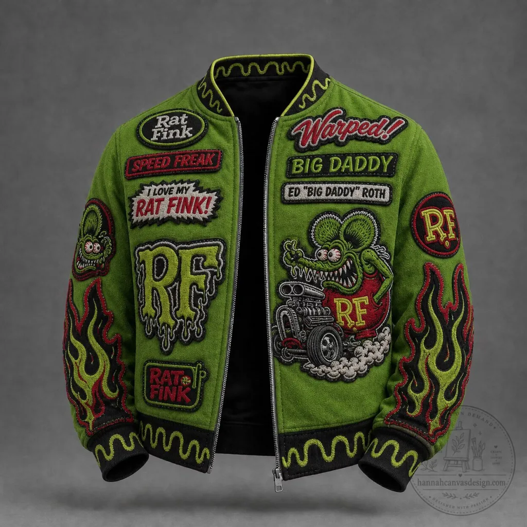 Rat Fink Ed Big Daddy Roth Hot Rod Green Bomber Jacket with Embroidered Patches Rat Fink Ed Big Daddy Roth Hot Rod Green Bomber Jacket with Embroidered Patches