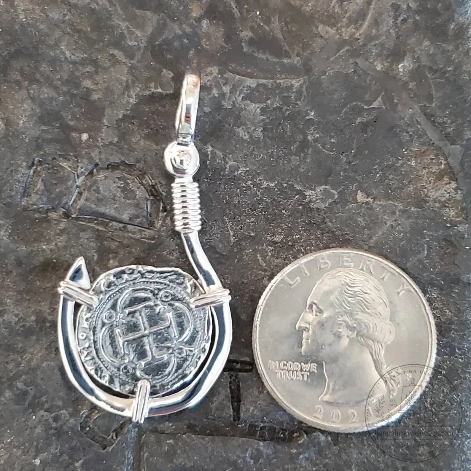 Silver Fish Hook Coin Pendant Necklace with Lost Treasure Design