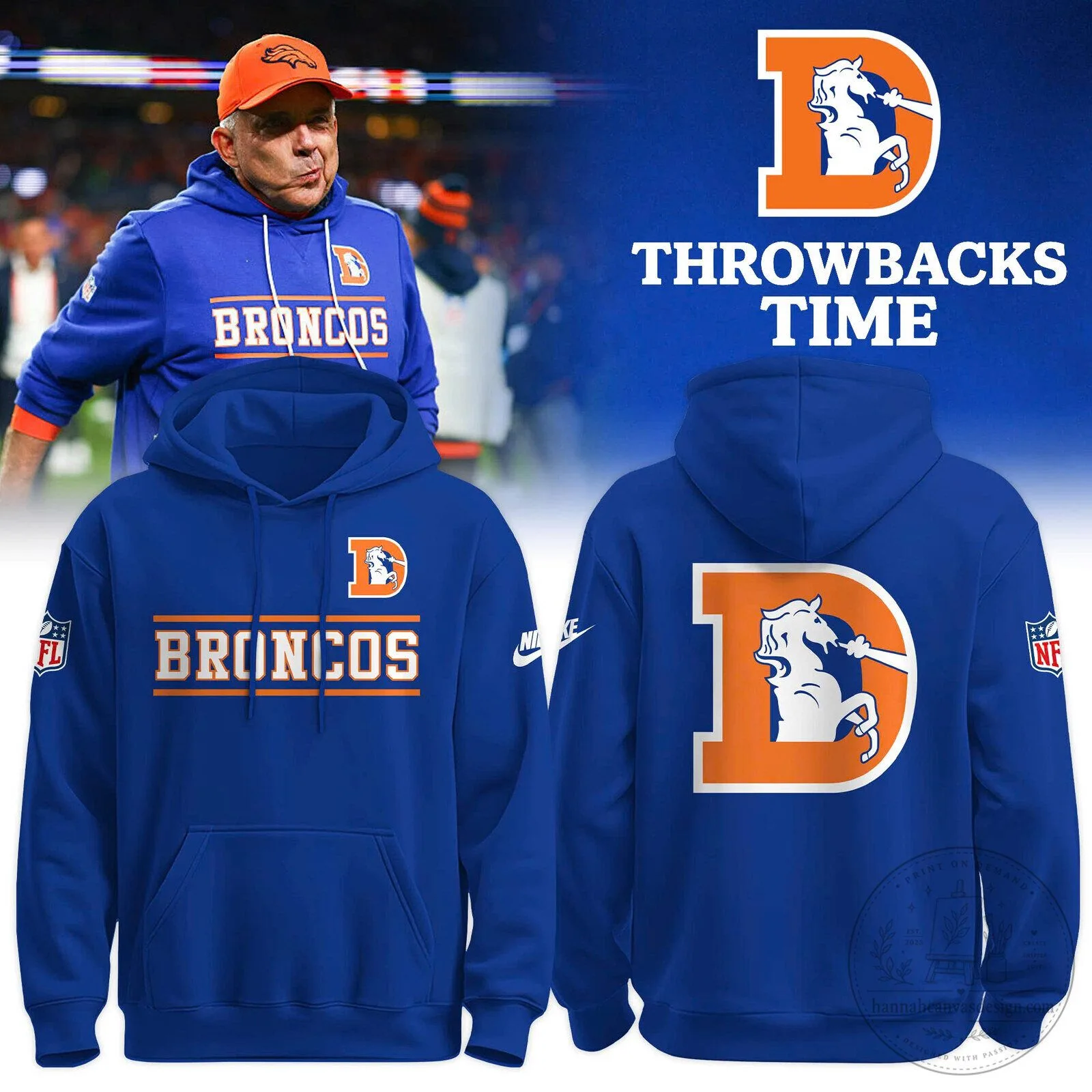 Denver Broncos Throwback Logo NFL Football Team Royal Blue Pullover Hoodie