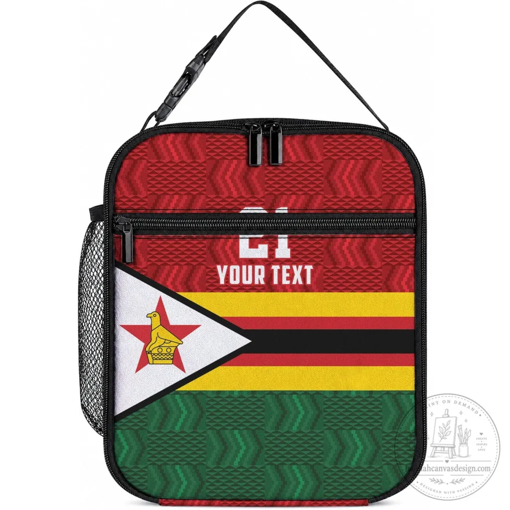 Zimbabwe Flag Pattern Insulated Lunch Bag with Custom Text for School and Work