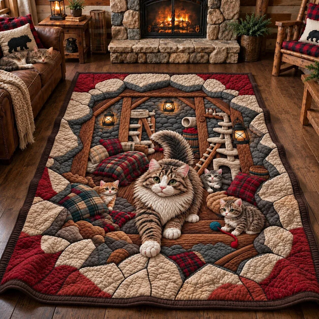 Cute Cats in a Cozy Cabin Quilted Rug, Rustic Feline Themed Floor Mat