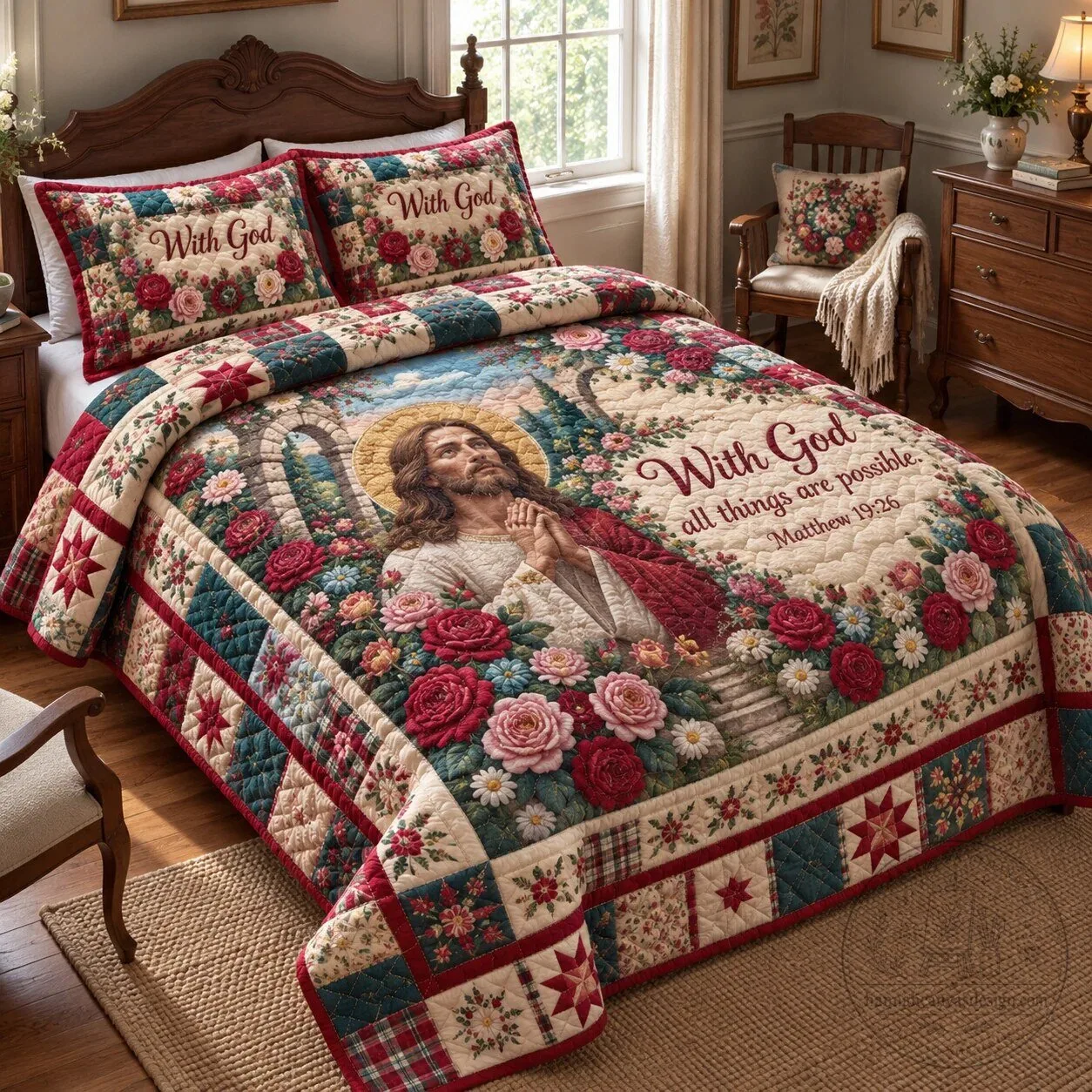 Jesus Christ With God All Things Are Possible Christian Quilted Bedding Set
