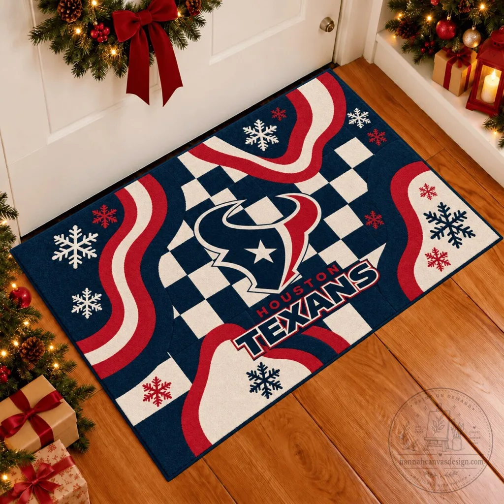 Houston Texans Christmas Snowflake Checkered Pattern Holiday Doormat Houston Texans Christmas Snowflake Checkered Pattern Holiday Doormat