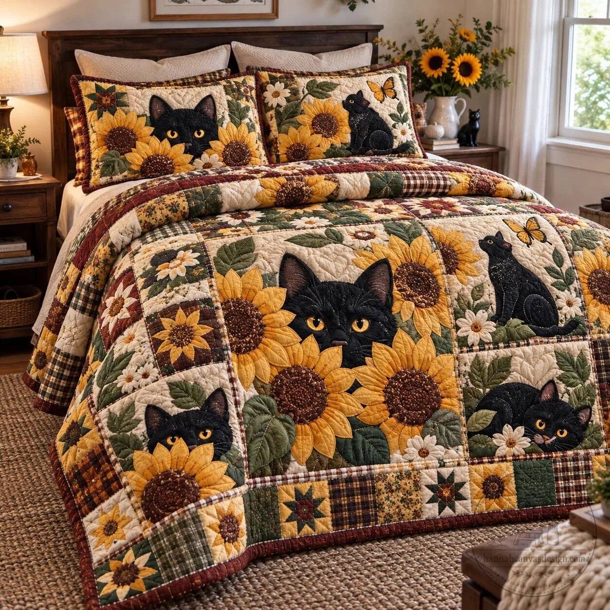 Black Cat Sunflowers Patchwork Quilted Bedding Set with Pillow Shams