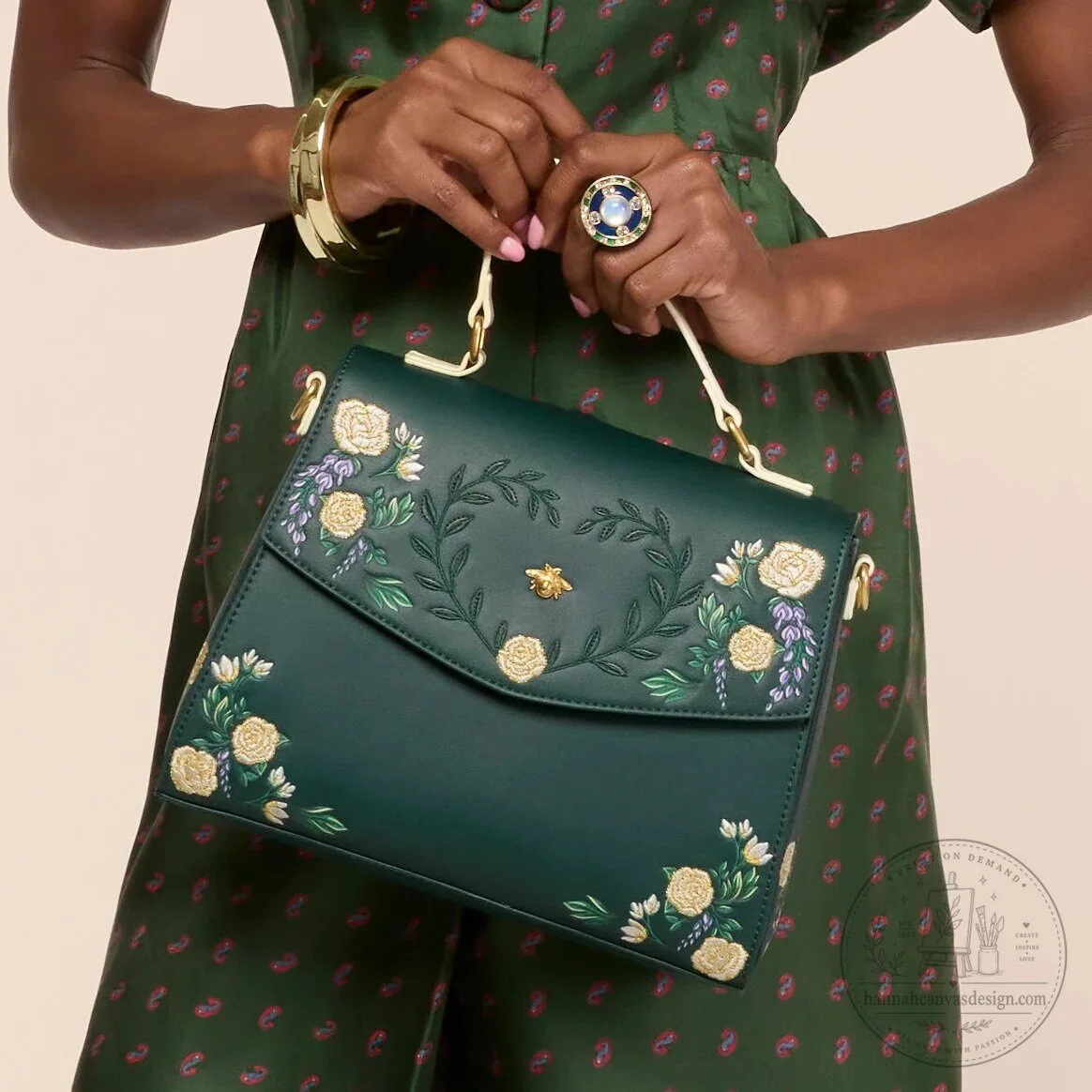 Bridgerton Floral Embroidered Bee Green Crossbody Handbag Purse 6 Bridgerton Floral Embroidered Bee Green Crossbody Handbag Purse