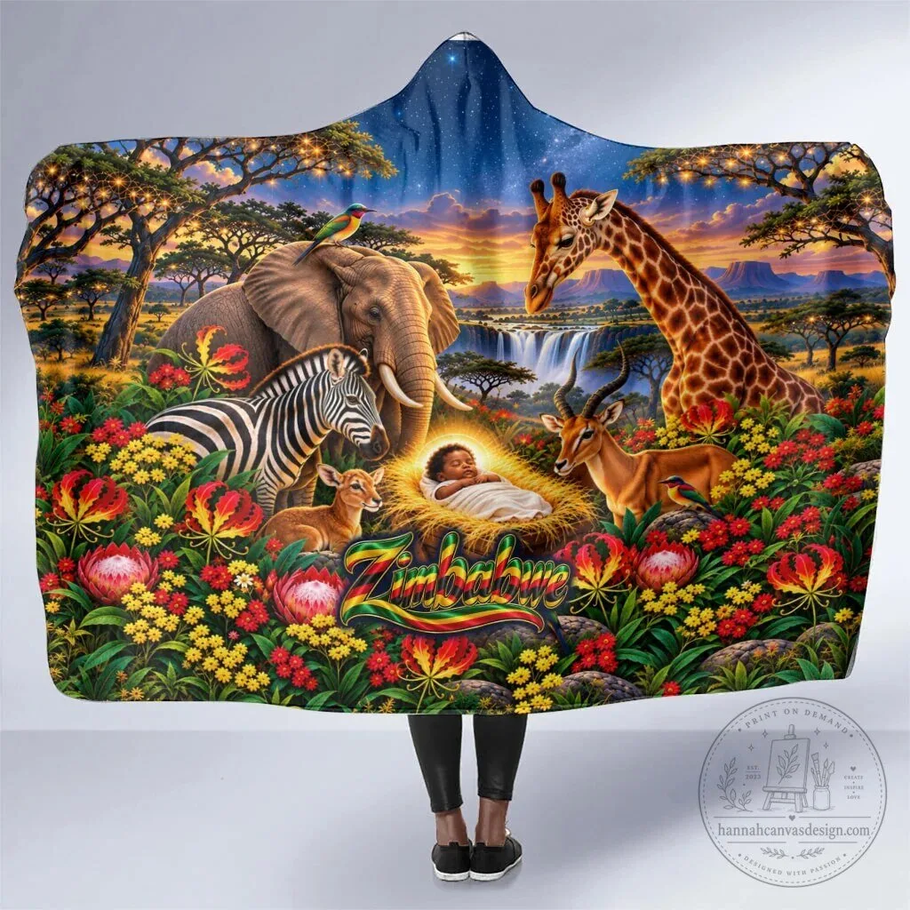 Zimbabwe Christmas Holy Family Hooded Blanket African Safari Wildlife Baby Jesus