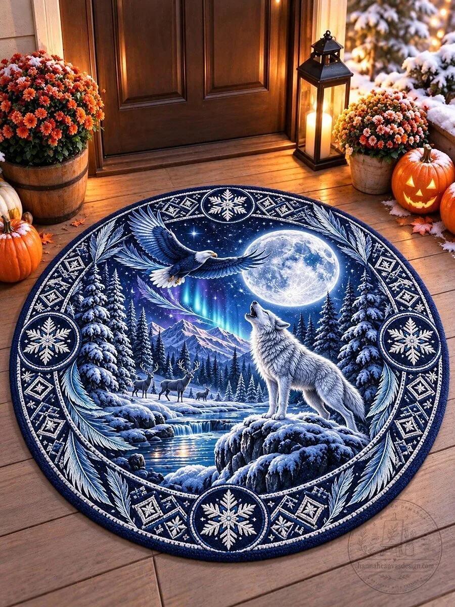 Winter Wolf Howling at Moon and Eagle Round Floor Mat Rug