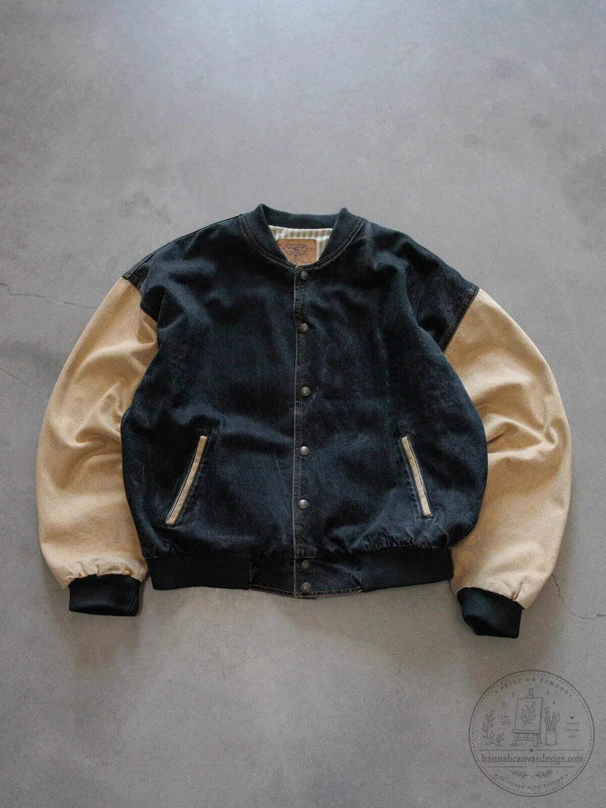 Vintage 90s Black Denim and Beige Forest Ridge Golf Club Varsity Jacket