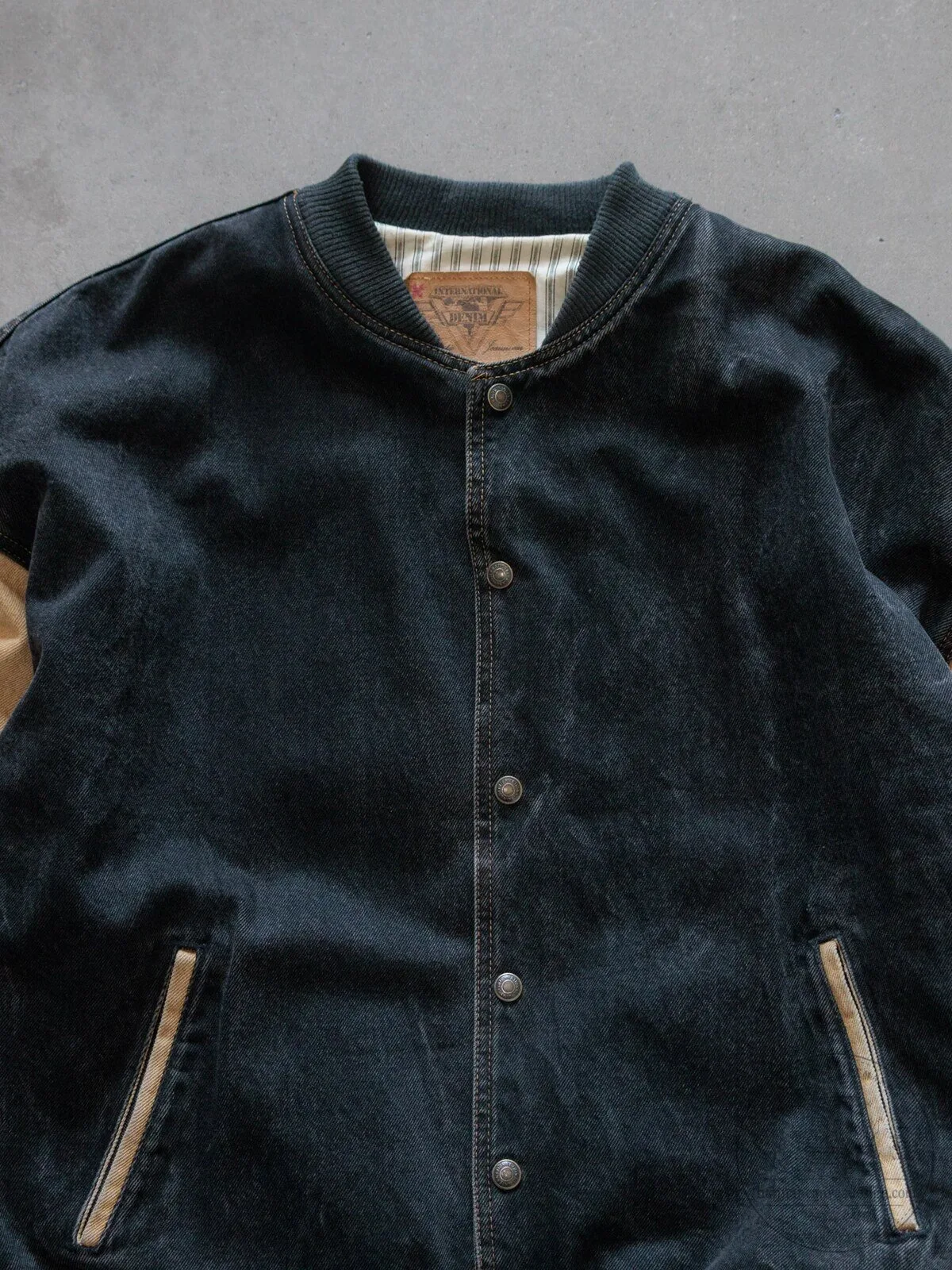Vintage 90s Black Denim and Beige Forest Ridge Golf Club Varsity Jacket 6 Vintage 90s Black Denim and Beige Forest Ridge Golf Club Varsity Jacket