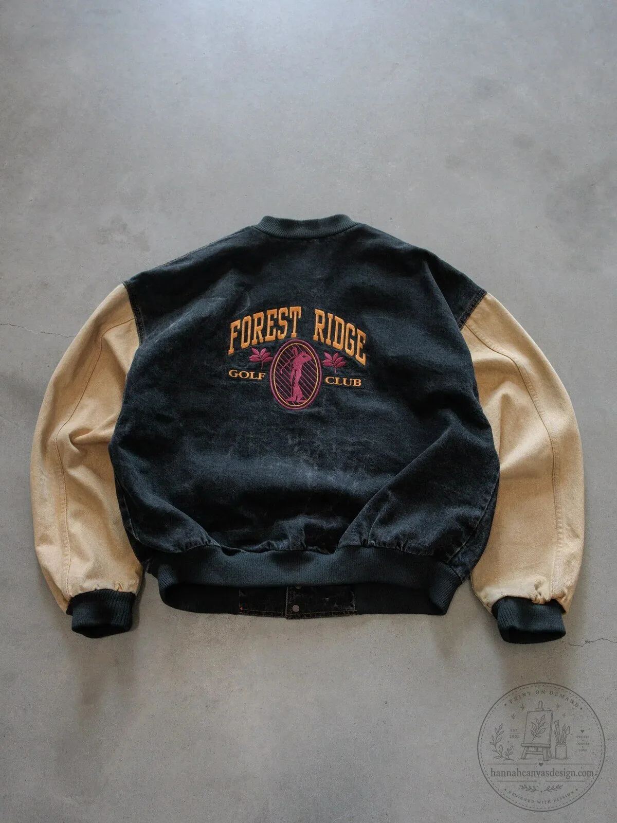 Vintage 90s Black Denim and Beige Forest Ridge Golf Club Varsity Jacket 7 Vintage 90s Black Denim and Beige Forest Ridge Golf Club Varsity Jacket