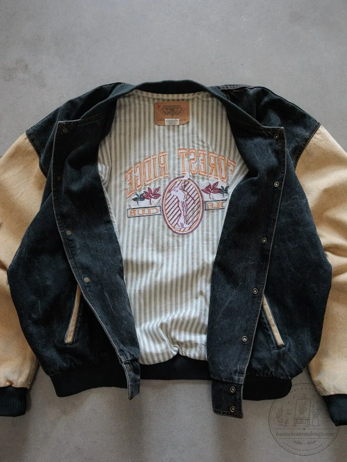 Vintage 90s Black Denim and Beige Forest Ridge Golf Club Varsity Jacket 8 Vintage 90s Black Denim and Beige Forest Ridge Golf Club Varsity Jacket